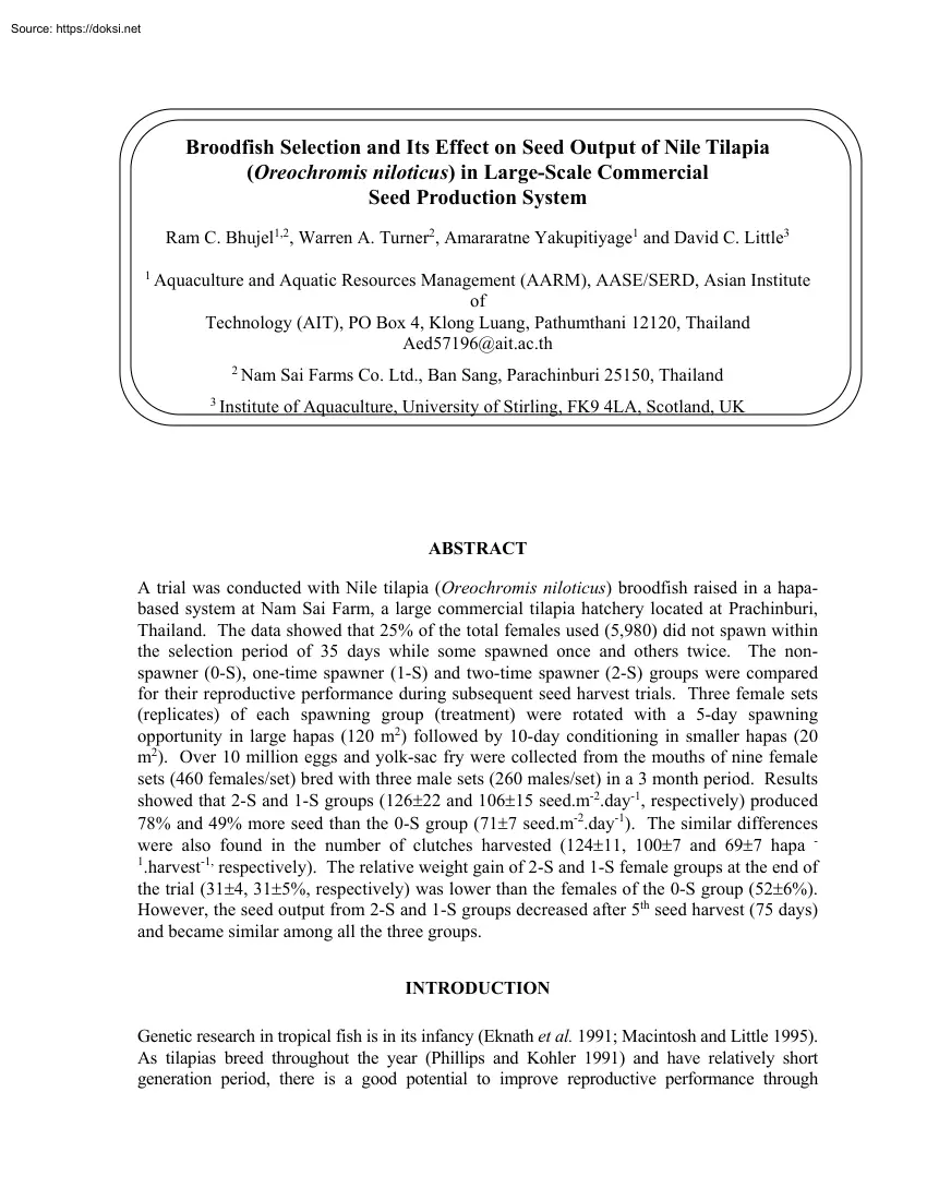 Broodfish Selection and Its Effect on Seed Output of Nile Tilapia in Large-Scale Commercial Seed