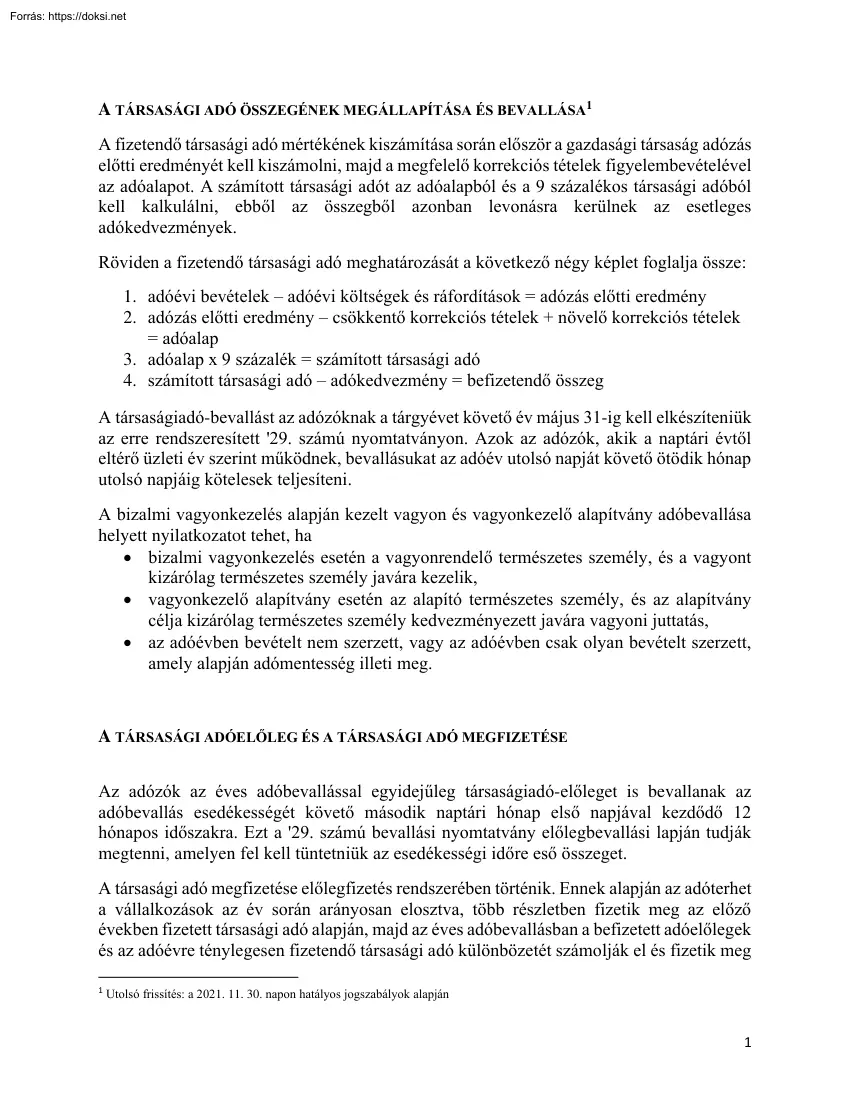 A társasági adó összegének megállapítása és bevallása
