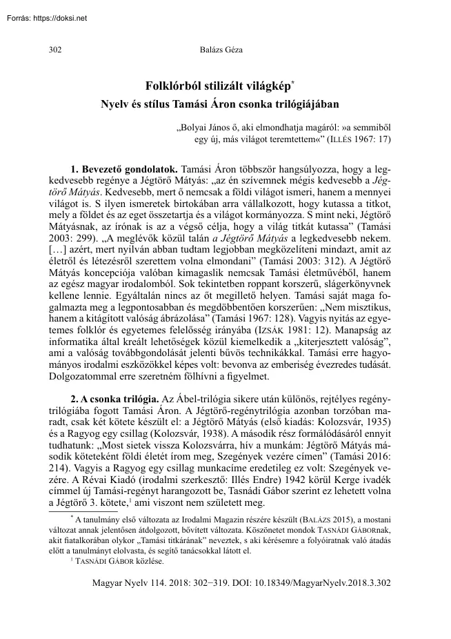 Balázs Géza - Folklórból stilizált világkép, Nyelv és stílus Tamási Áron csonka