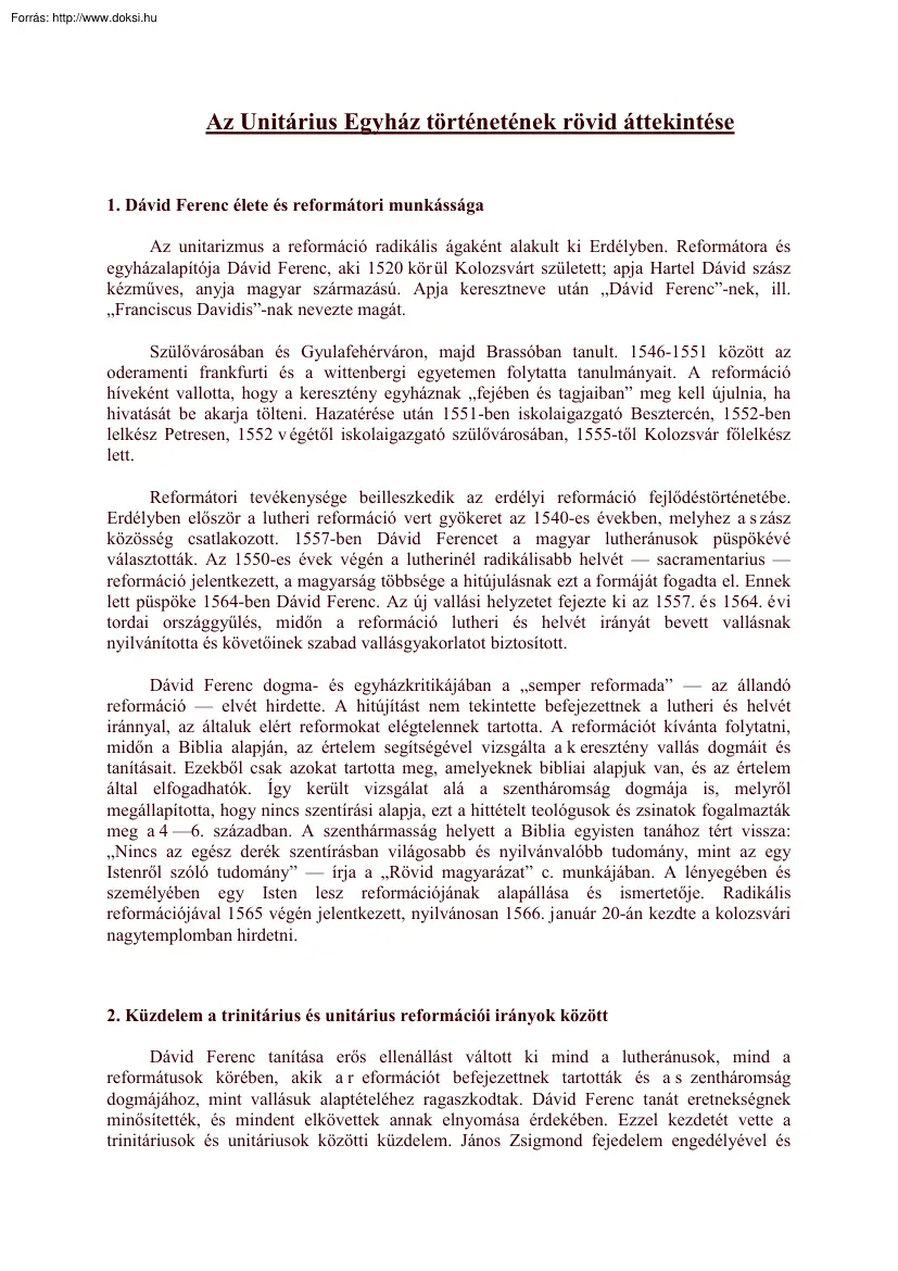 Dr. Erdő János - Az Unitárius Egyház történetének rövid áttekintése