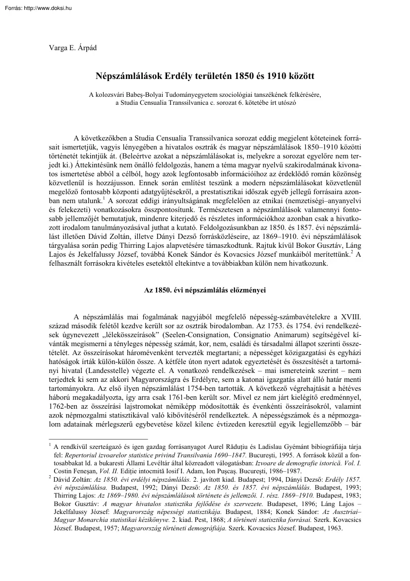 Varga E. Árpád - Népszámlálások Erdély területén 1850 és 1910 között