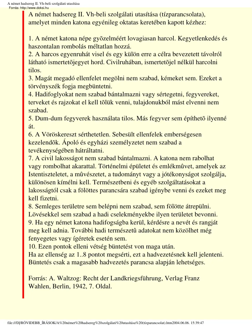 A német hadsereg szolgálati utasítása (tízparancsolata)