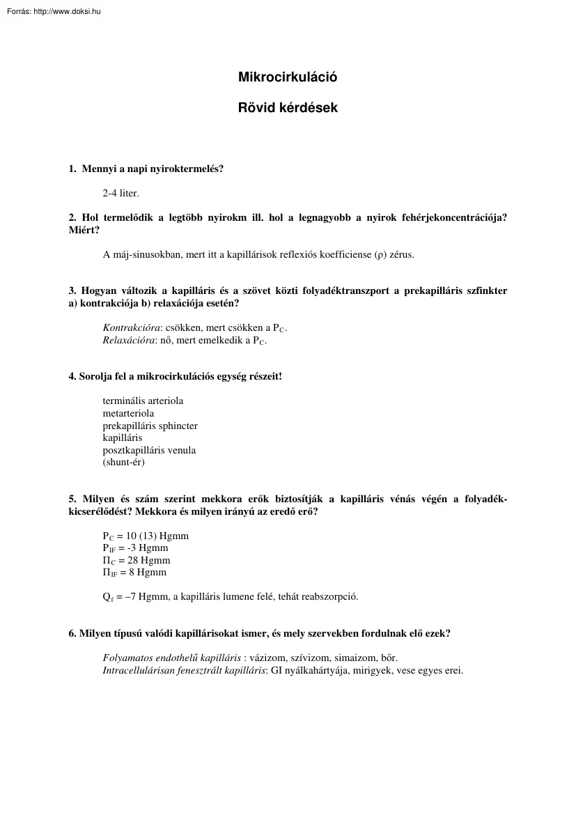 Mikrocirkuláció kis kérdések