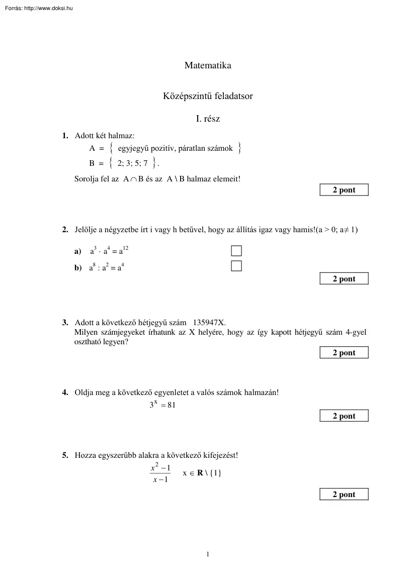 Matematika középszintű érettségi mintafeladatsor megoldással, 2005