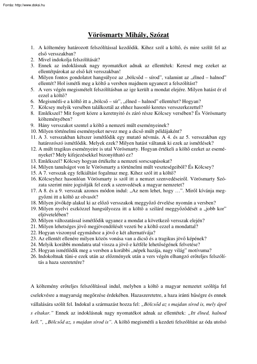 Vörösmarty Mihály, Szózat, Előszó című műveinek elemzése