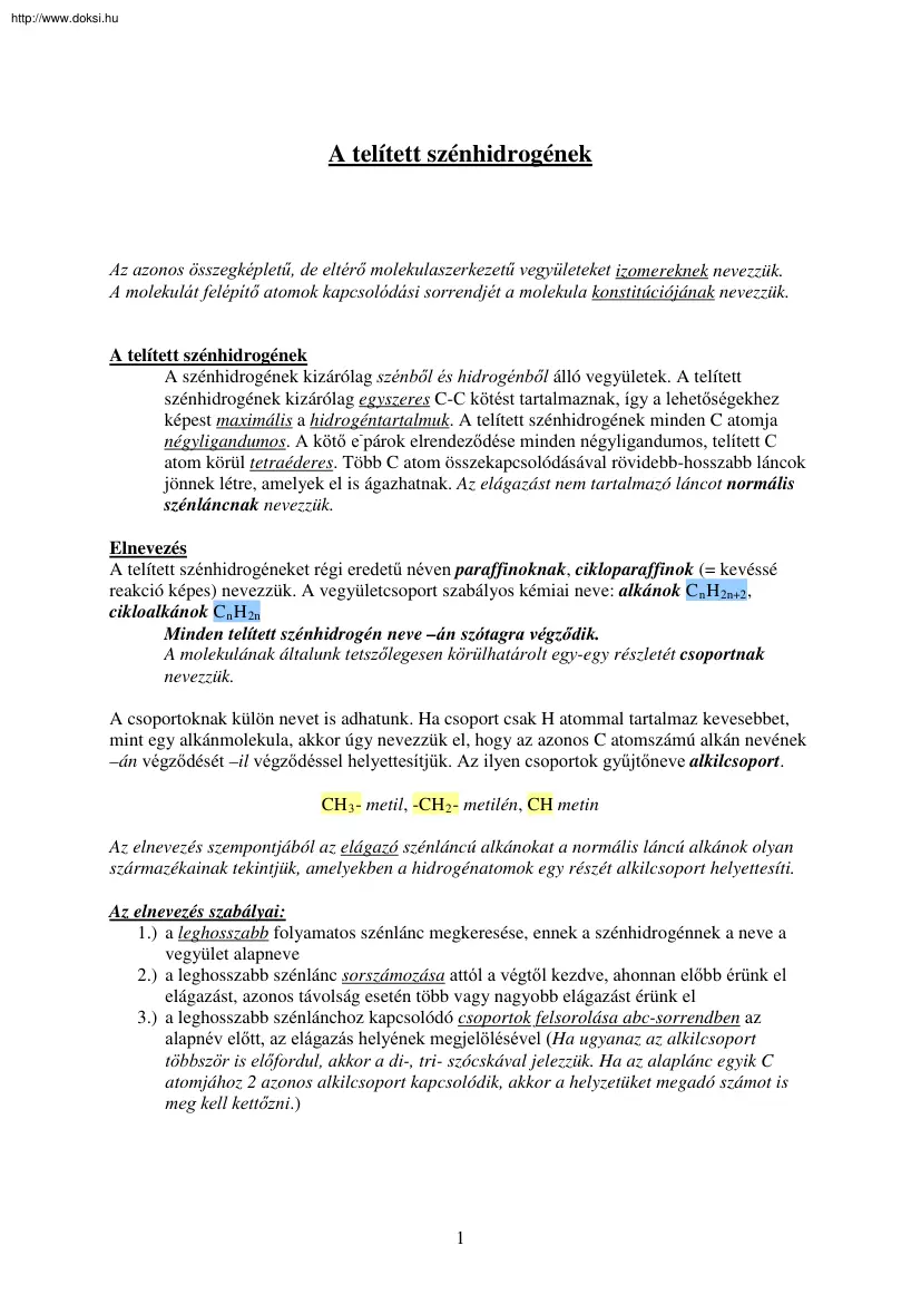 A telített szénhidrogének