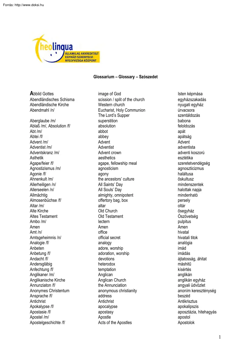 Államilag akkreditált egyházi szaknyelvi nyelvizsgaközpont, Glossarium, glossary, szószedet