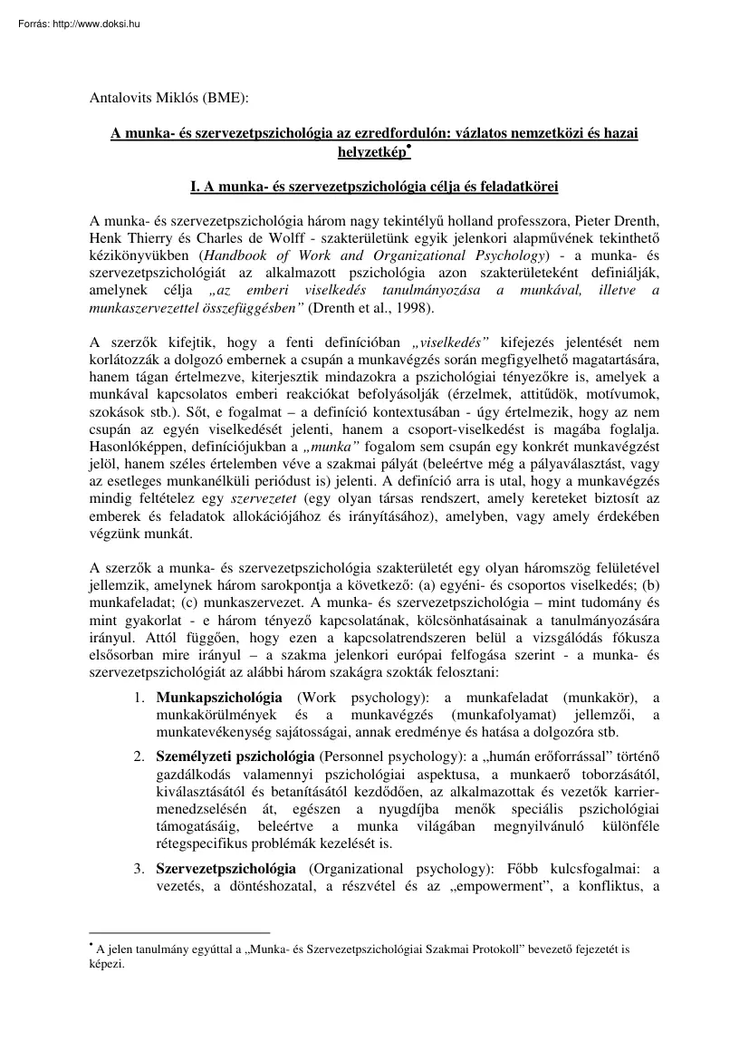 Antalovits Miklós - A munka és szervezetpszichológia az ezredfordulón, vázlatos nemzetközi