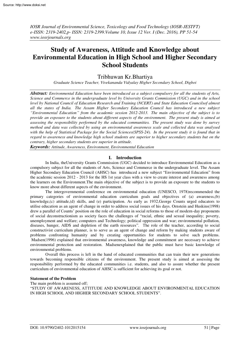 Tribhuwan Kr.Bhartiya - Study of Awareness, Attitude and Knowledge about Environmental Education in