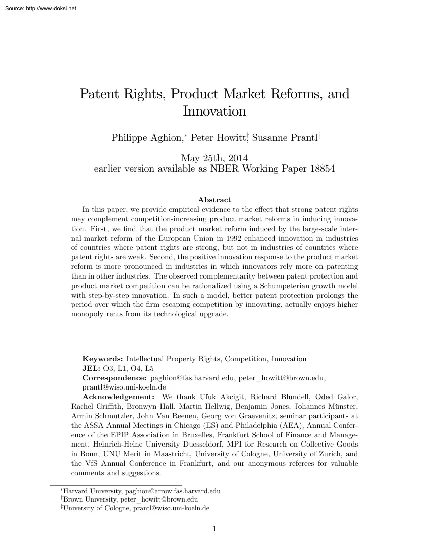 Aghion-Howitt-Prantl - Patent Rights, Product Market Reforms, and Innovation