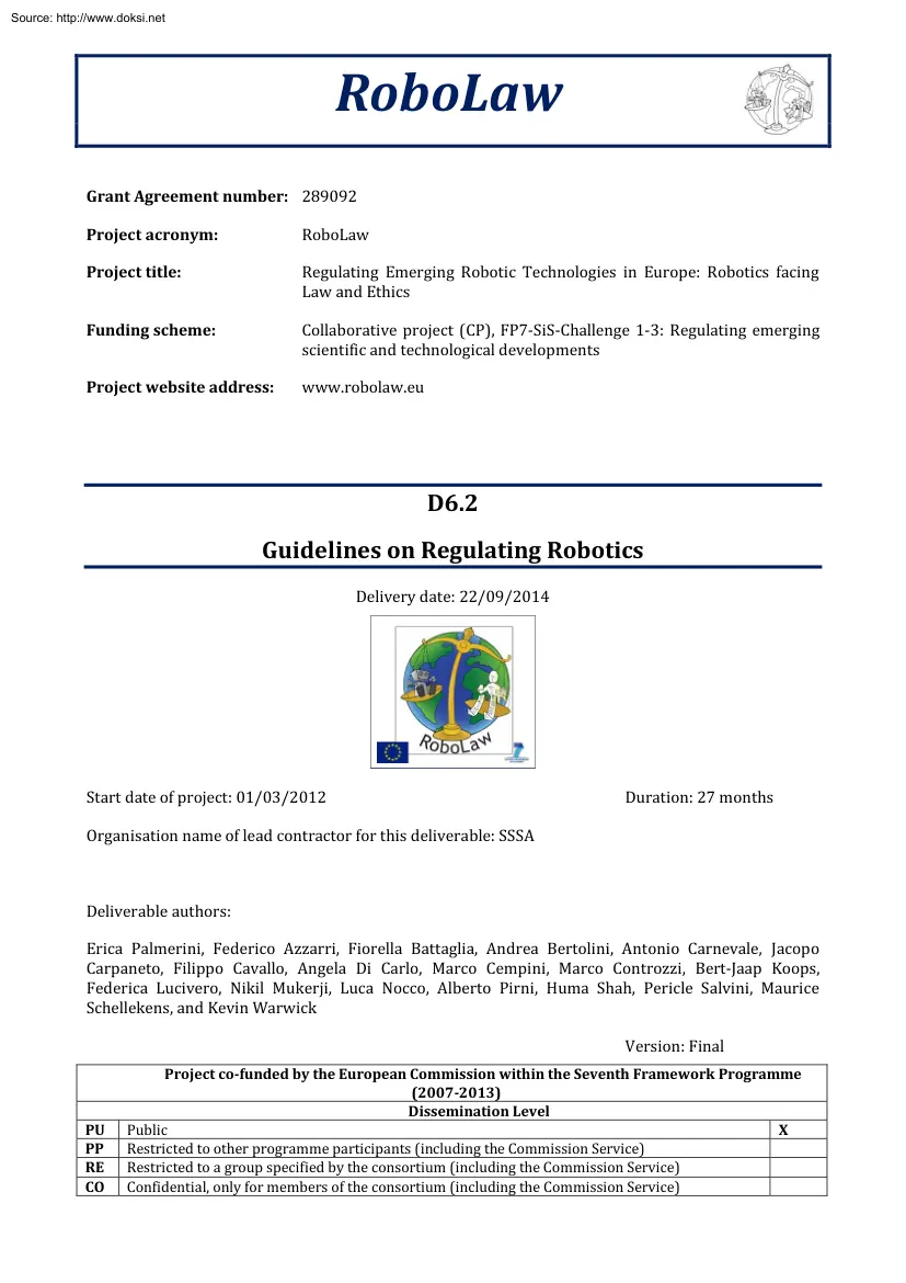 RoboLaw, Guidelines on Regulating Robotics