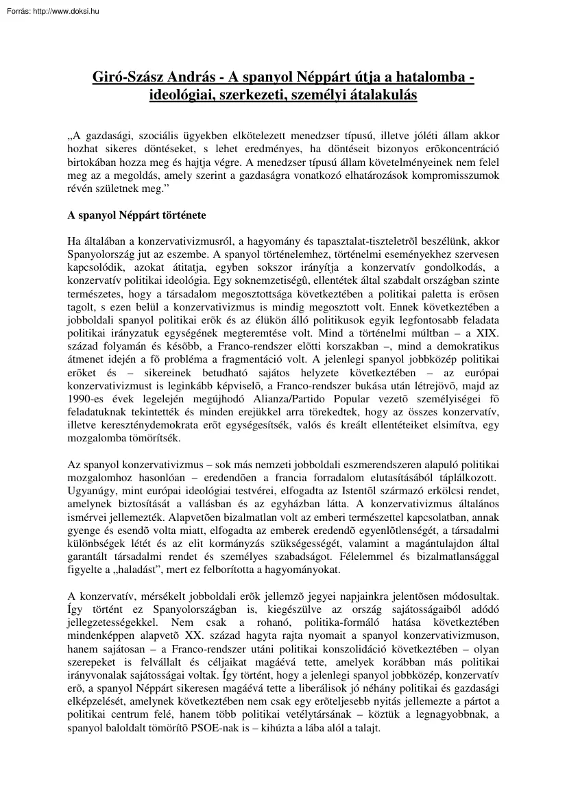 Giró-Szász András - A spanyol Néppárt útja a hatalomba - ideológiai, szerkezeti, személyi