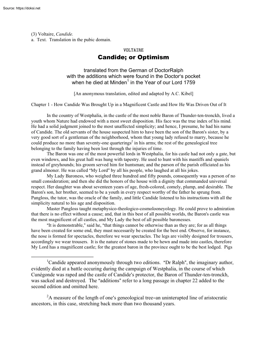 Voltaire, Candide or Optimism