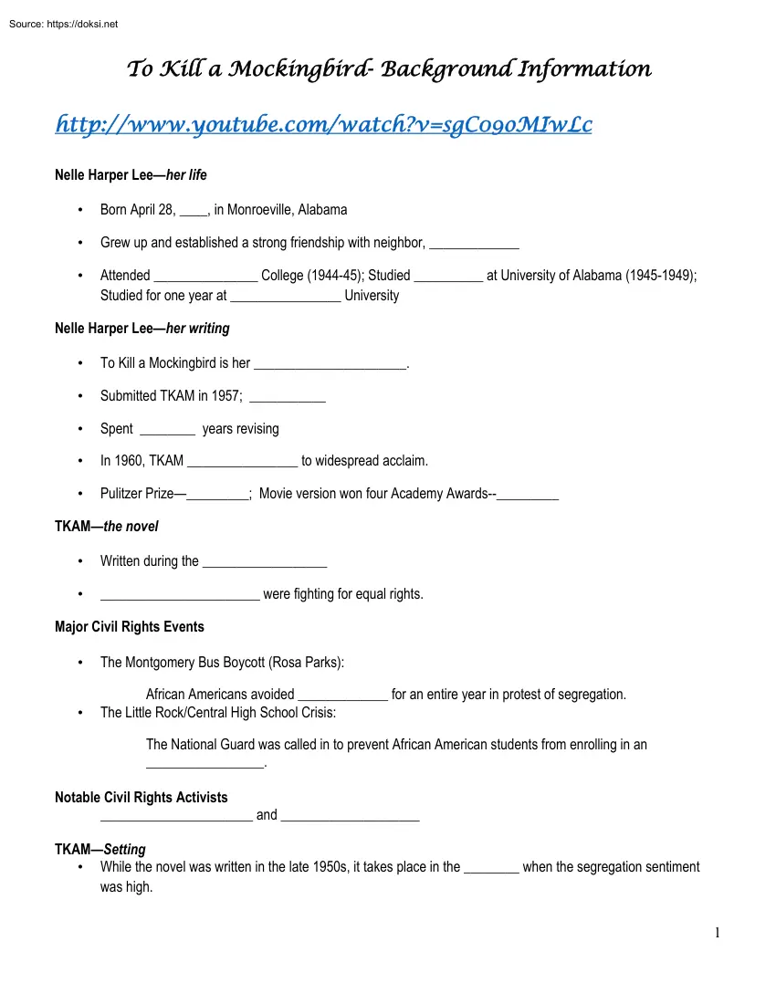To Kill a Mockingbird, Background Information