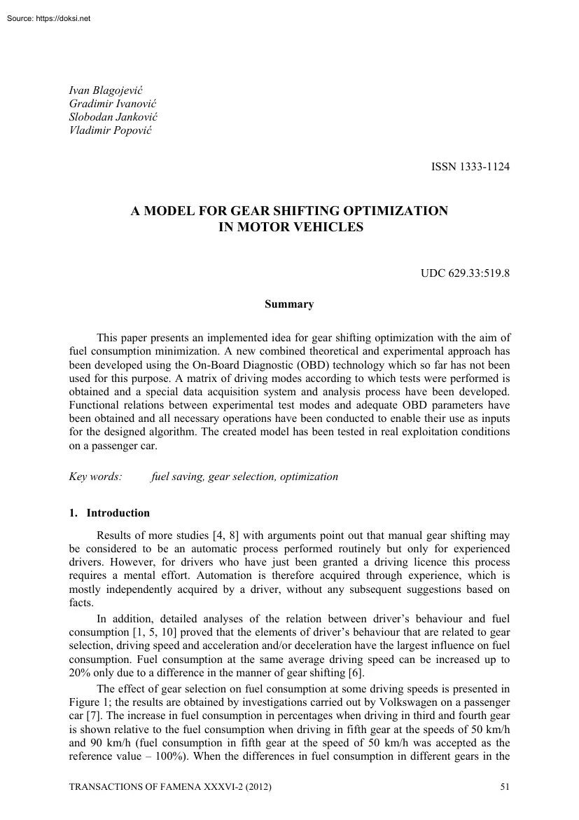 A Model For Gear Shifting Optimization in Motor Vehicles