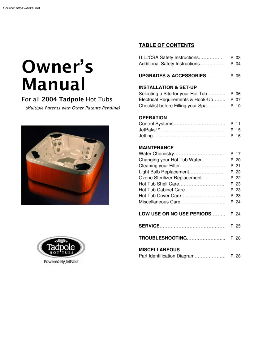 Owners Manual for all 2004 Tadpole Hot Tubs