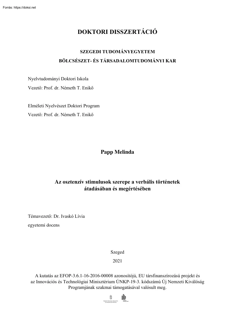 Papp Melinda - Az osztenzív stimulusok szerepe a verbális történetek, átadásában és