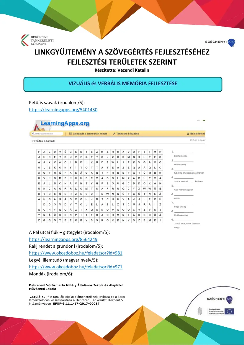 Vezendi Katalin - Linkgyűjtemény a szövegértés fejlesztéséhez, fejlesztési területek