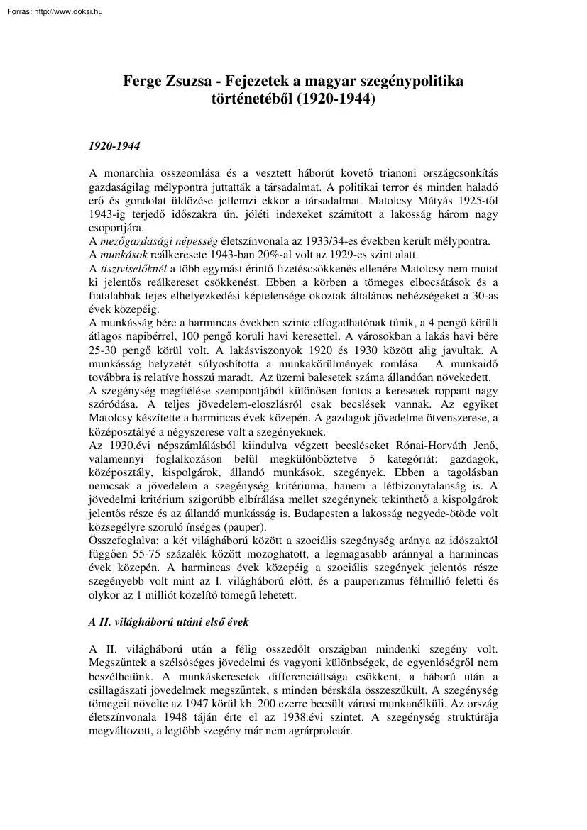 Ferge Zsuzsa - Fejezetek a magyar szegénypolitika történetéből (1920-1944)