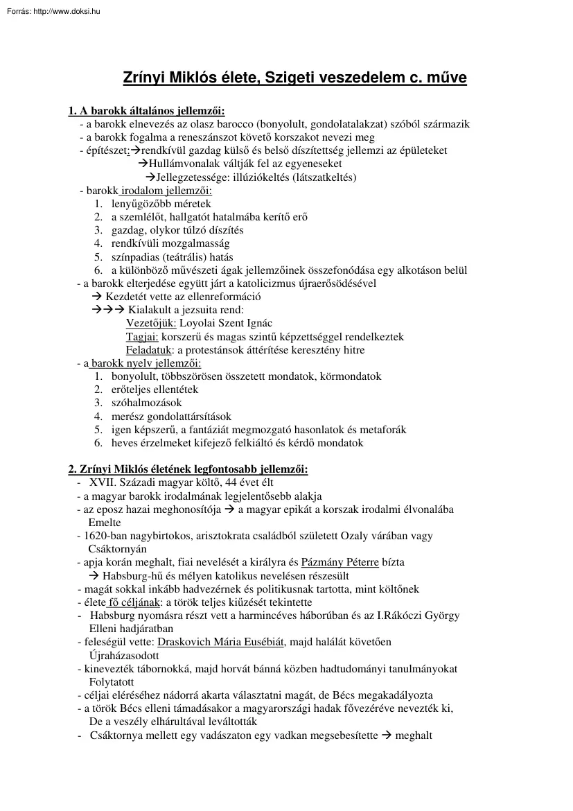 Zrínyi Miklós élete, Szigeti veszedelem című művének elemzése