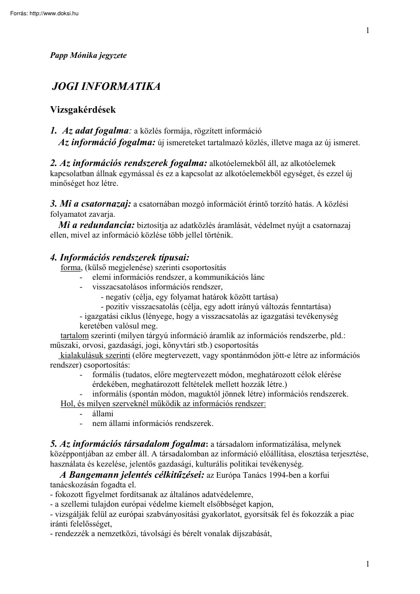 Papp Mónika - Jogi informatika jegyzet