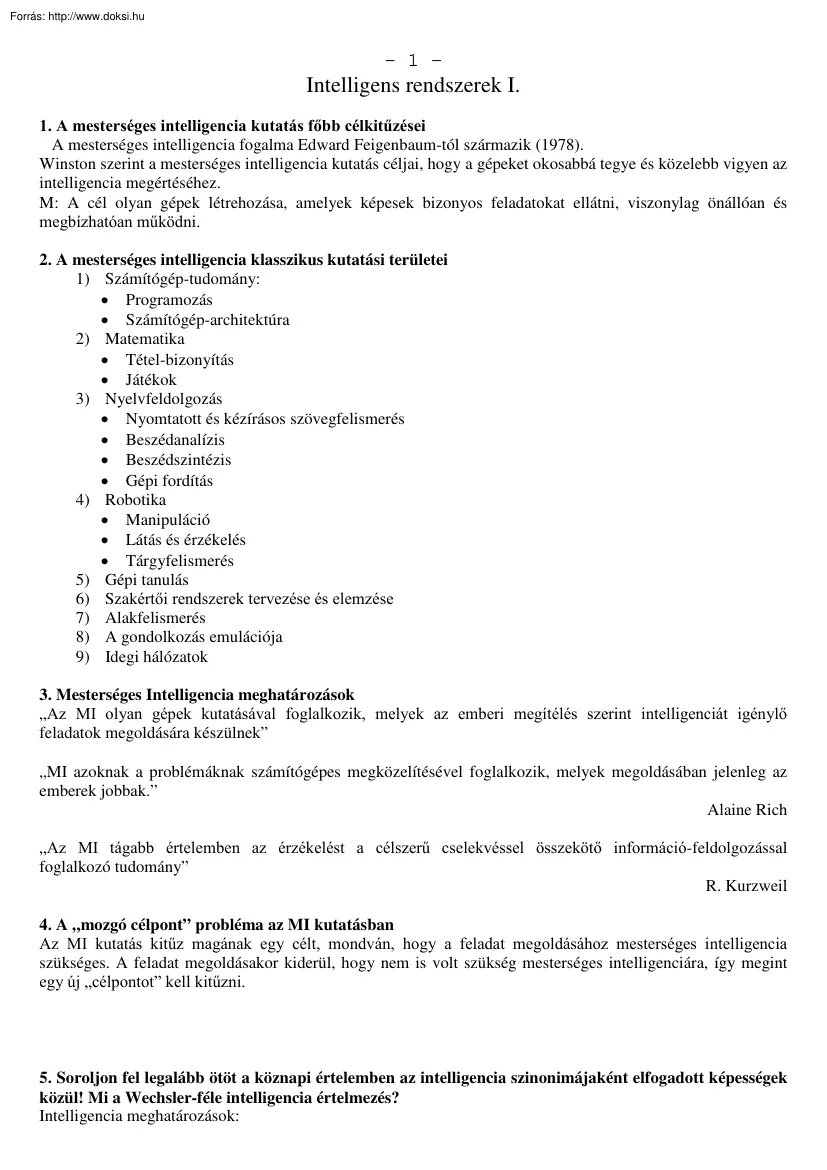Intelligens rendszerek I. összefoglaló