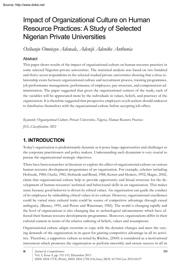 Adewale-Adenike - Impact of Organizational Culture on Human Resource Practices, A Study of Selected