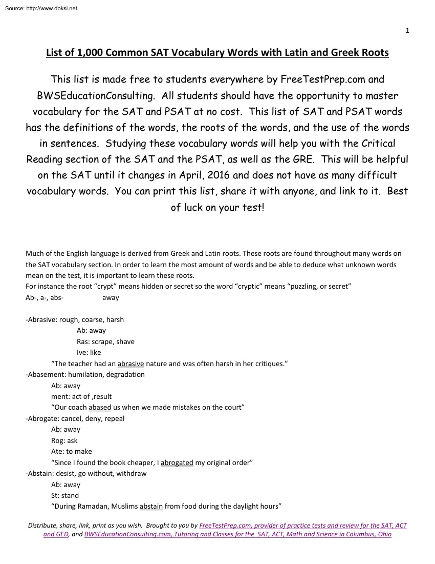 List of 1000 Common SAT Vocabulary Words with Latin and Greek Roots