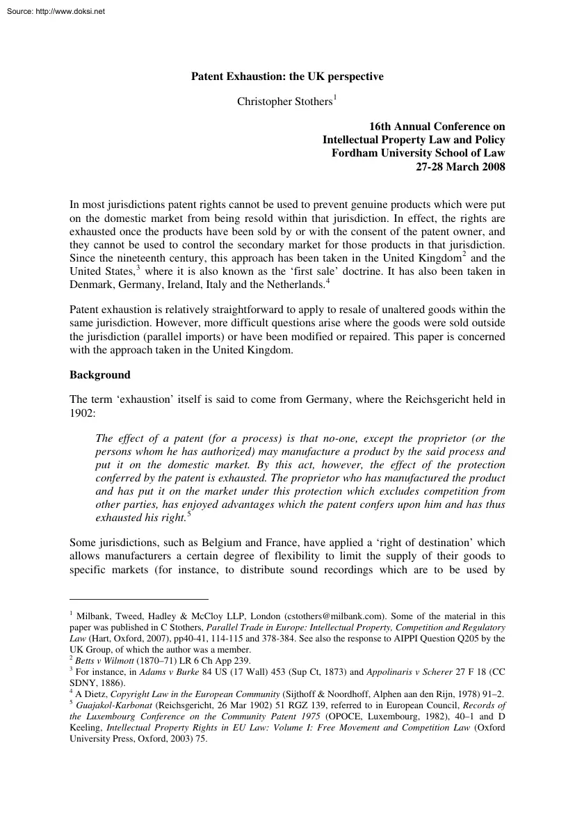 Christopher Stothers - Patent Exhaustion, the UK Perspective