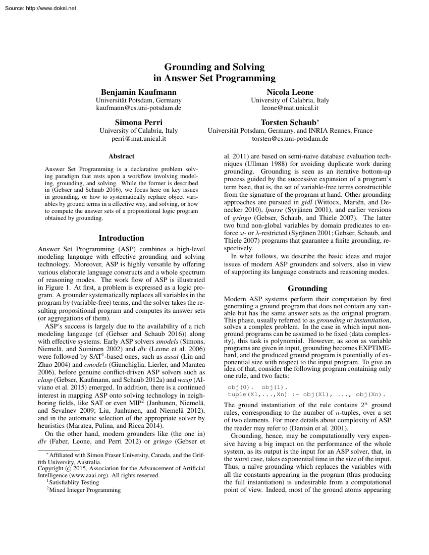 Kaufmann-Leone-Perri - Grounding and Solving in Answer Set Programming