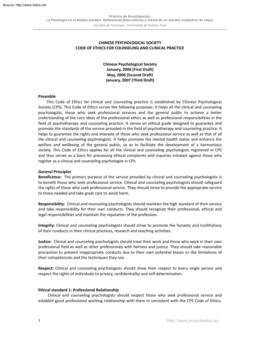 Chinese Psychological Society, Code of Ethics for Counseling and Clinical Practice