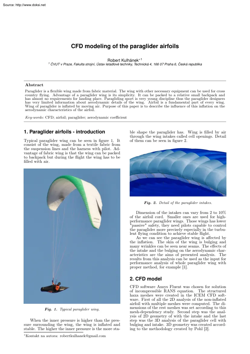 Robert Kulhánek - CFD Modeling of the Paraglider Airfoils