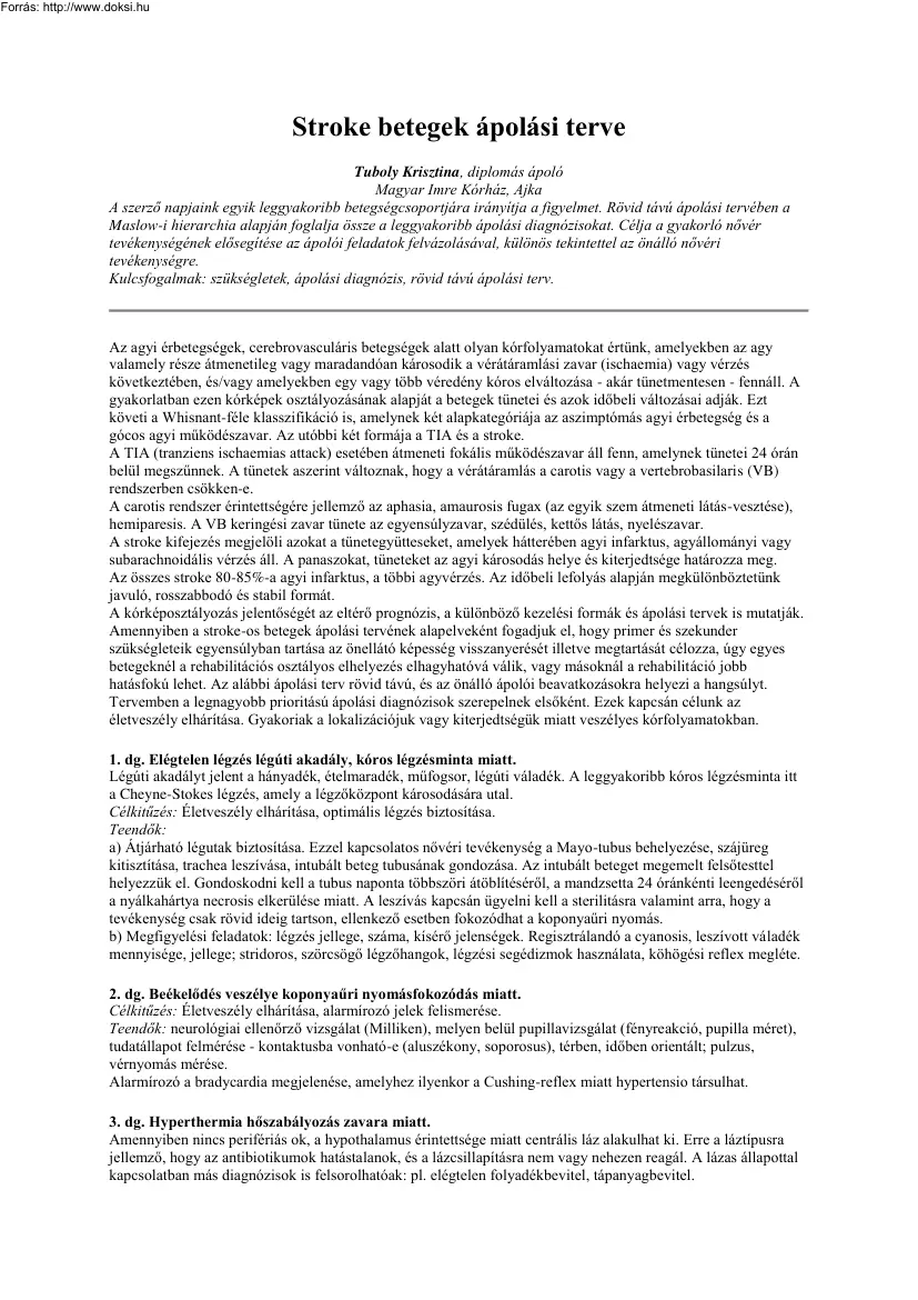 Tuboly Krisztina - Stroke betegek ápolási terve