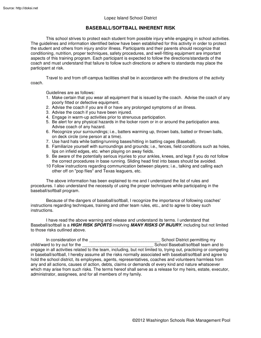 Baseball Softball Inherent Risk