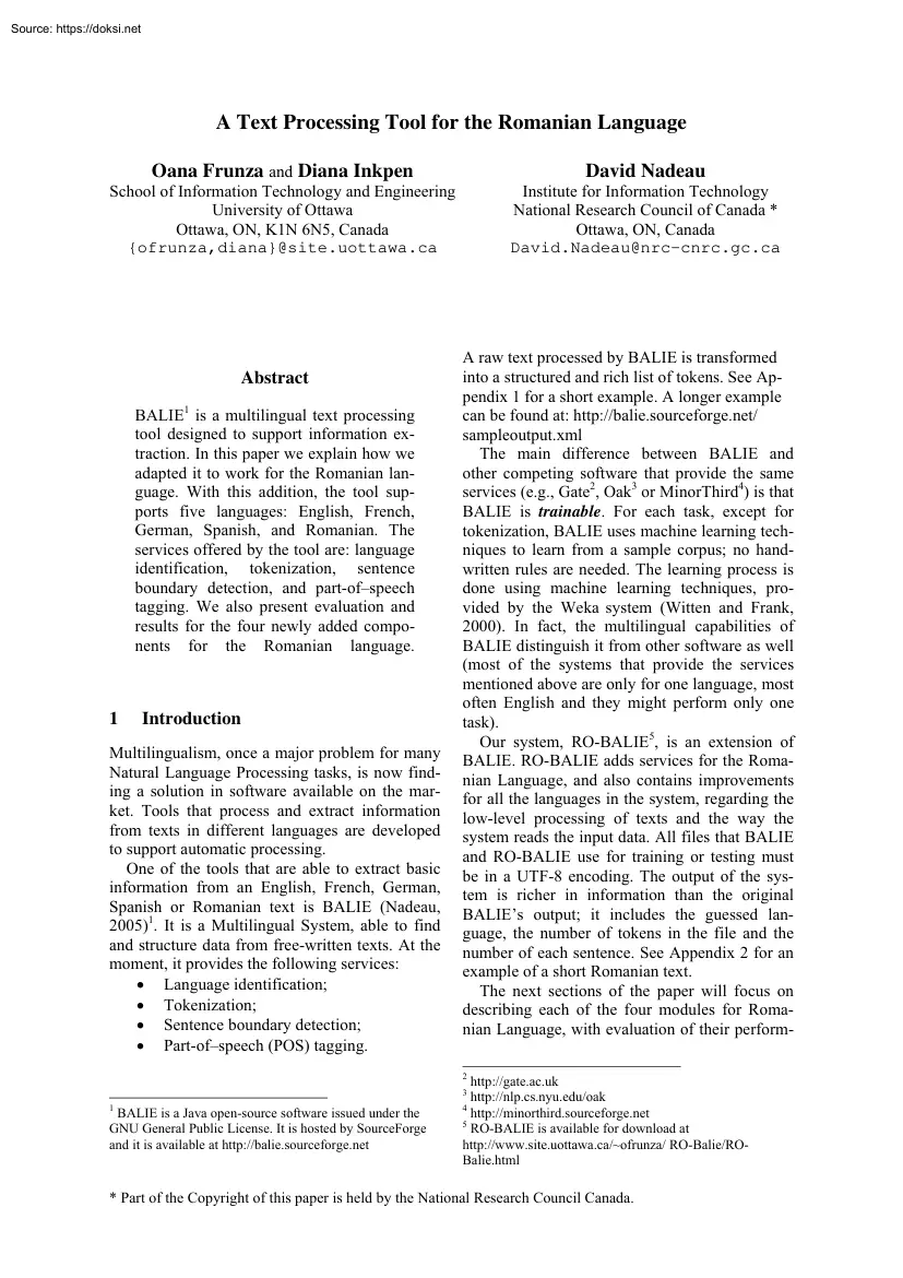 A Text Processing Tool for the Romanian Language