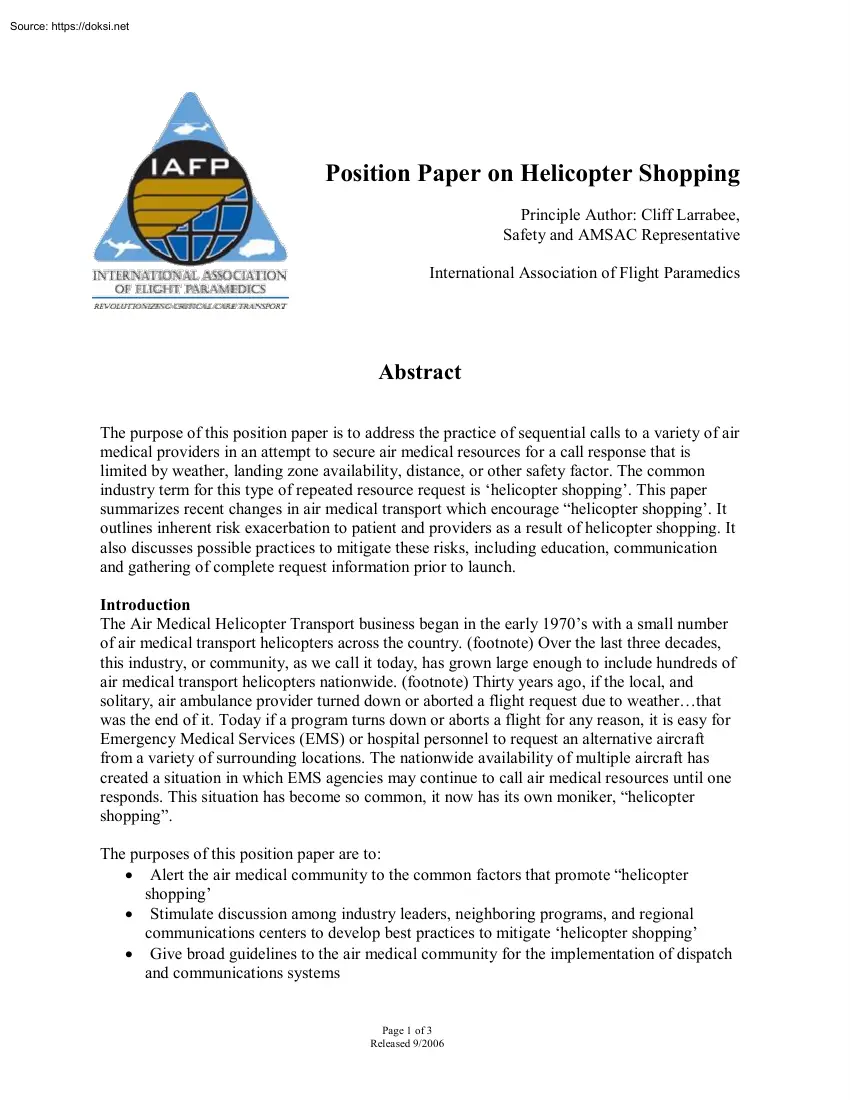 Position Paper on Helicopter Shopping