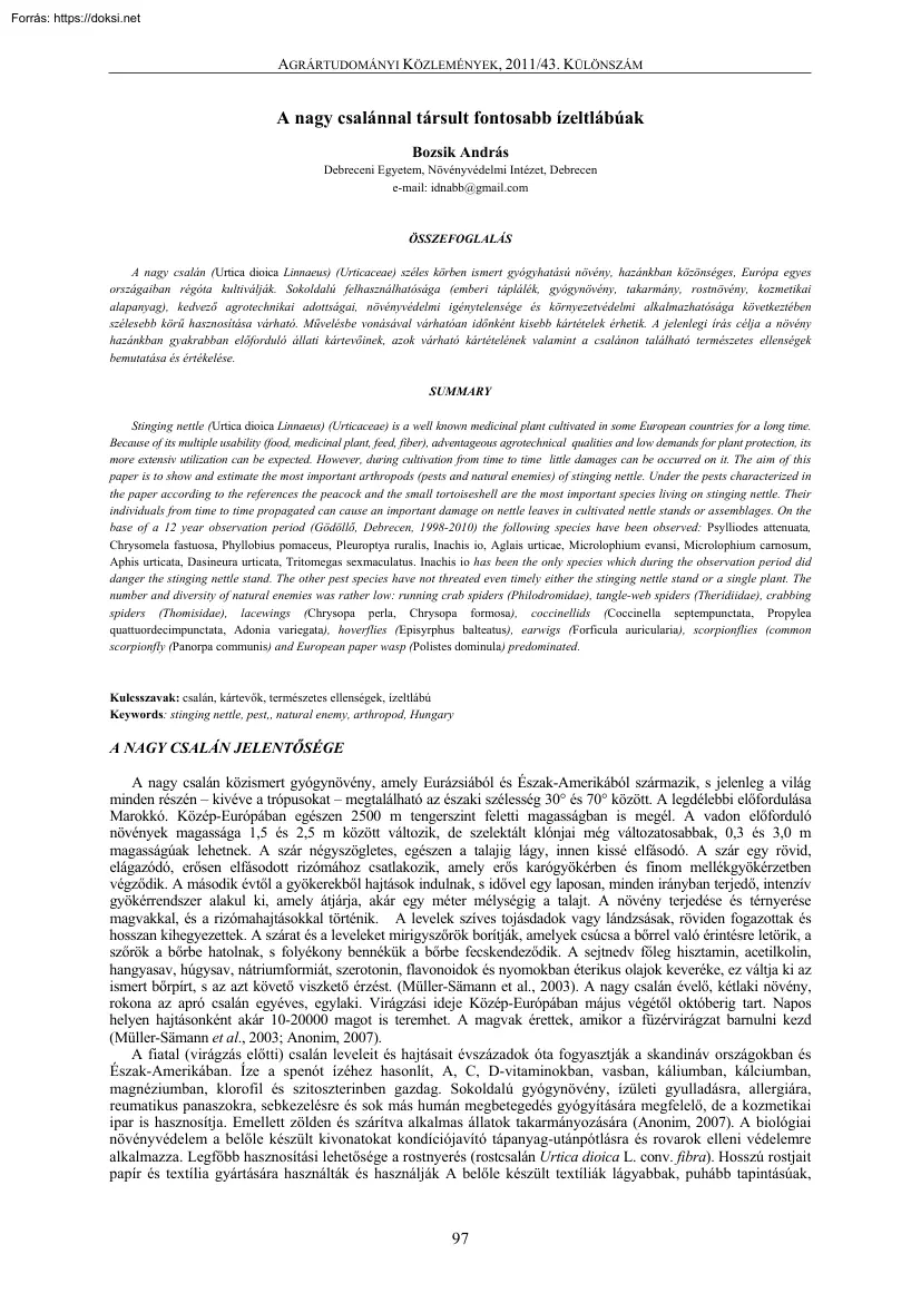 Bozsik András - A nagy csalánnal társult fontosabb ízeltlábúak