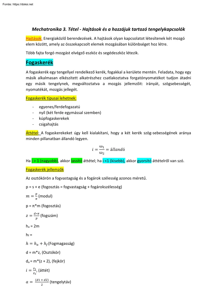 Lics Imre - Mechatronika tétel, Hajtások és a hozzájuk tartozó tengelykapcsolók