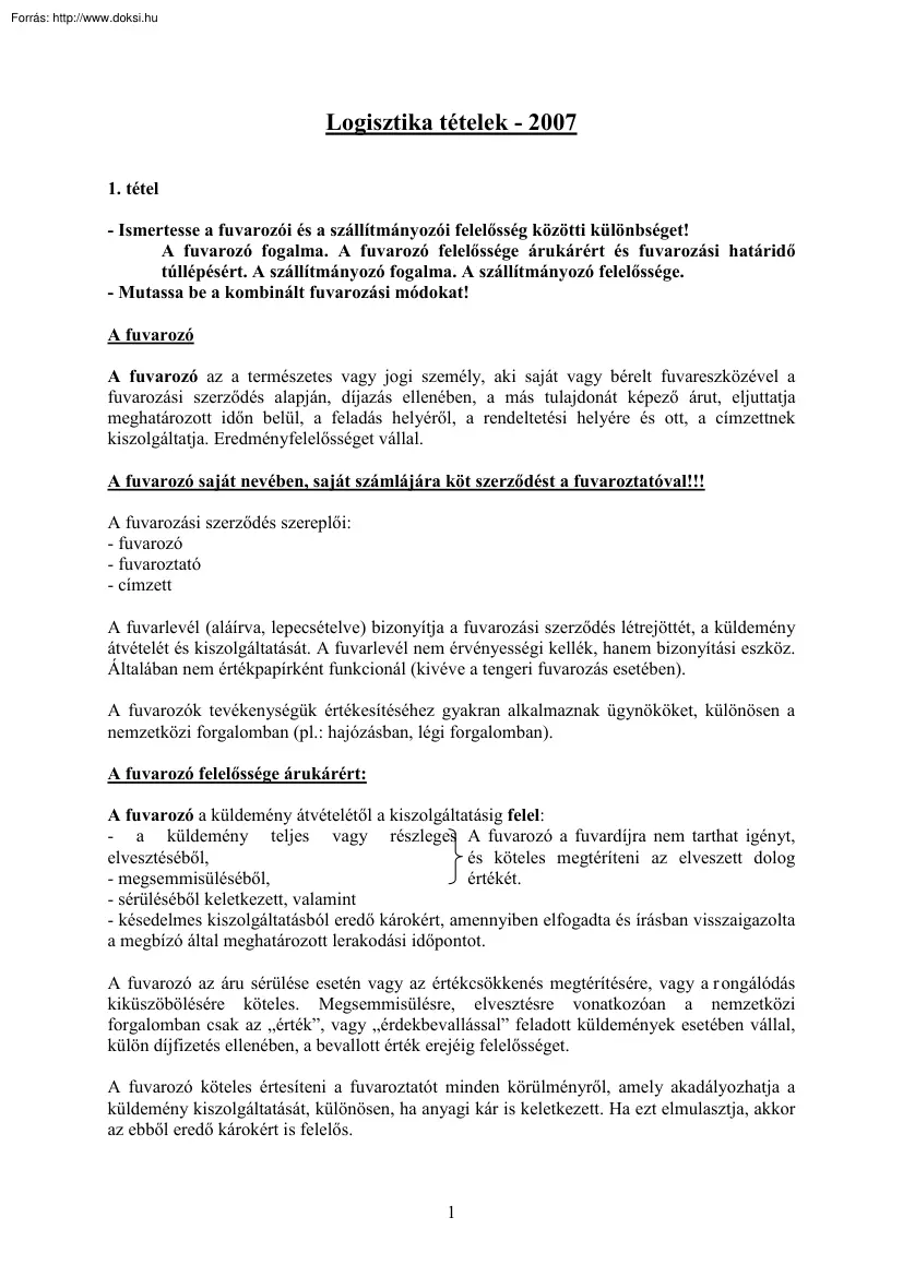 Hevesiné Huszár Szilvia - Nemzetközi logisztika tételek, 2007