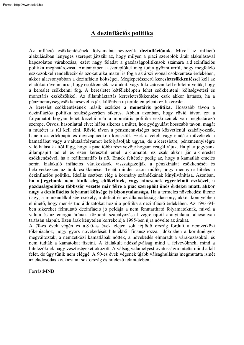 A dezinflációs politika