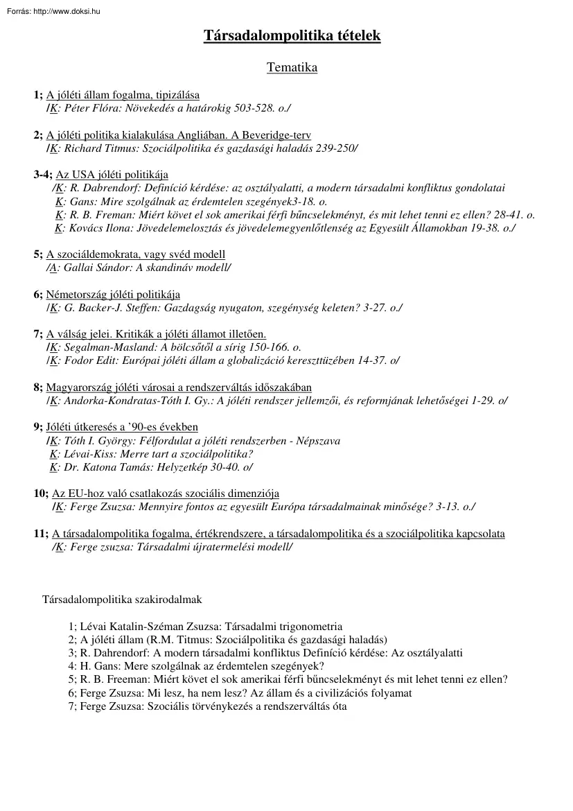 Társadalompolitika tételek