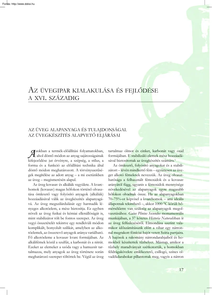 Az üvegipar kialakulása és fejlődése a XVI. századig