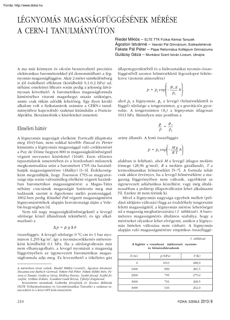 Riedel-Ágoston-Fekete - Légnyomás magasságfüggésének mérése