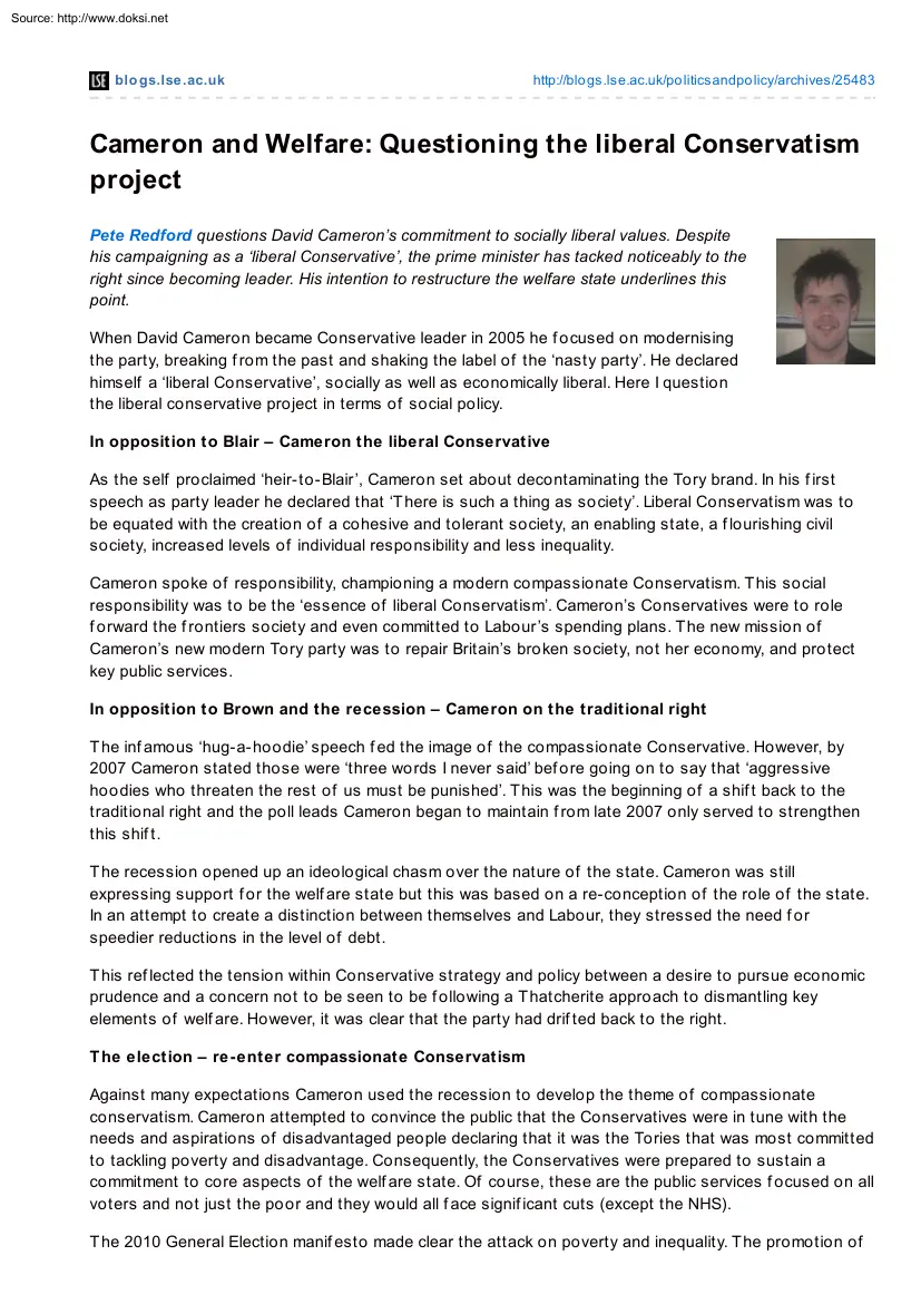 Cameron and Welfare Questioning the Liberal Conservatism Project