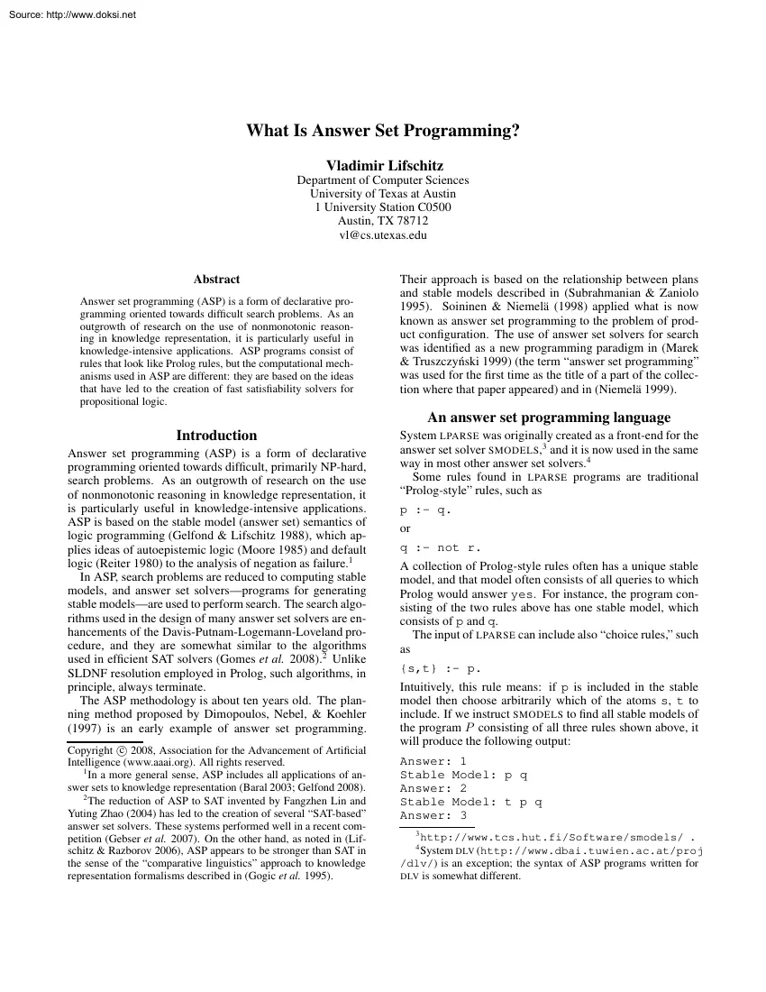 Vladimir Lifschitz - What Is Answer Set Programming