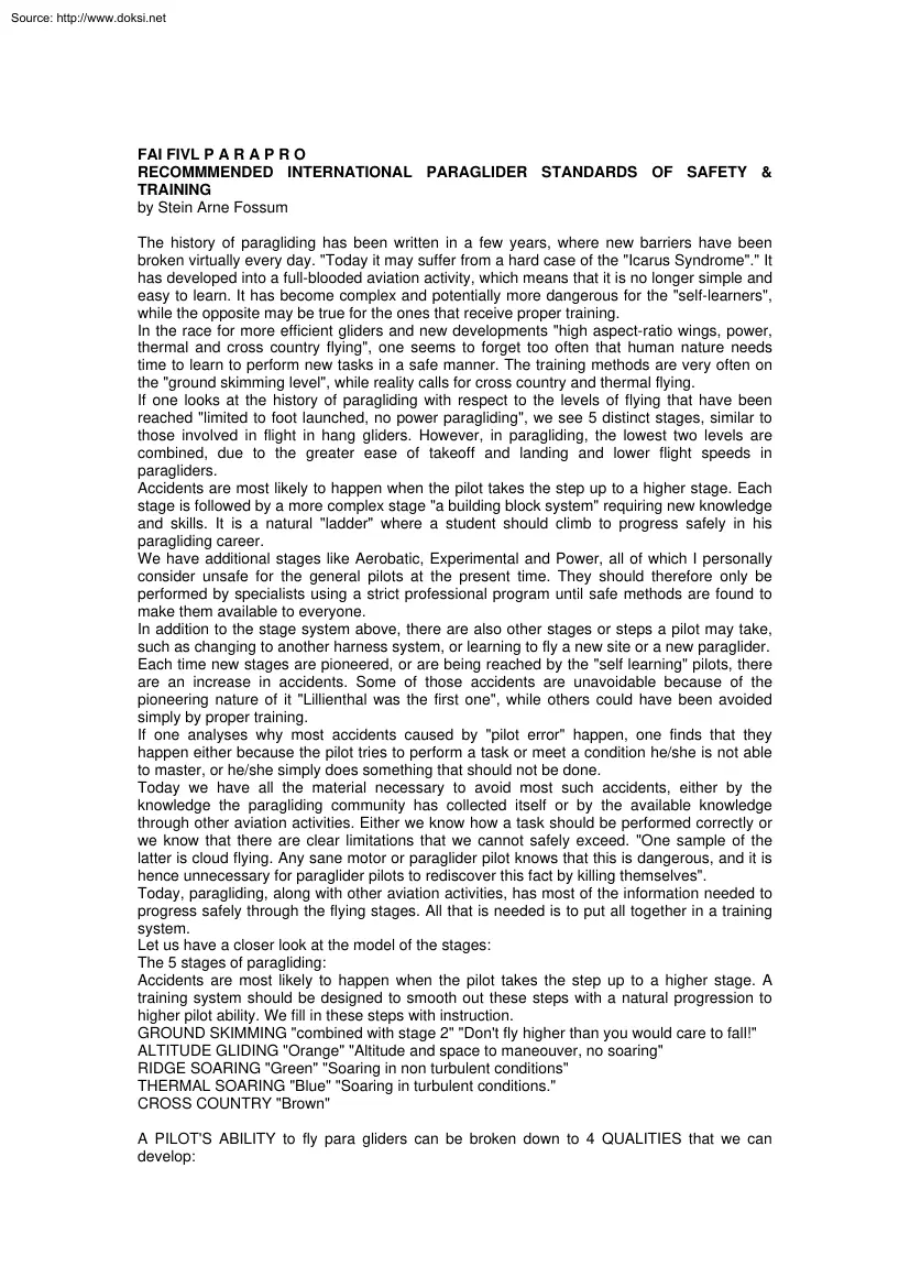 Stein Arne Fossum - FAI FIVL Parapro, Recommended International Paraglider Standards of Safety and