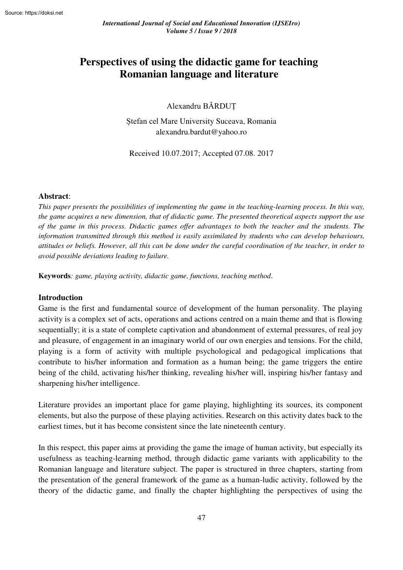 Alexandru Bardut - Perspectives of using the didactic game for teaching Romanian language and