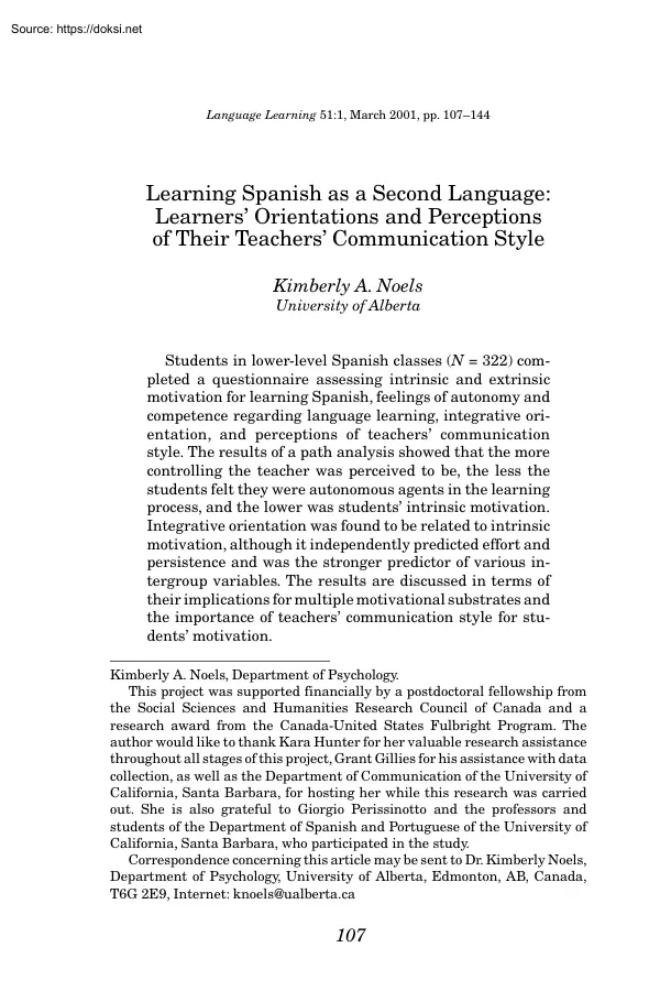 Learning Spanish as a Second Language, Learners Orientations and Perceptions of Their Teachers