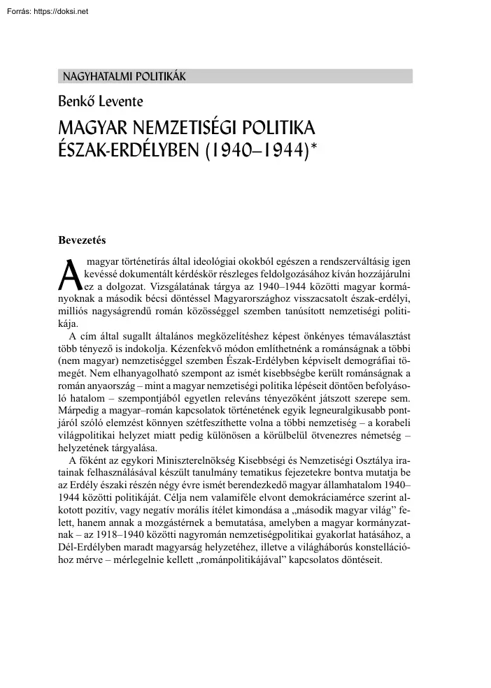 Benkő Levente - Magyar nemzetiségi politika Észak-erdélyben (1940-1944)