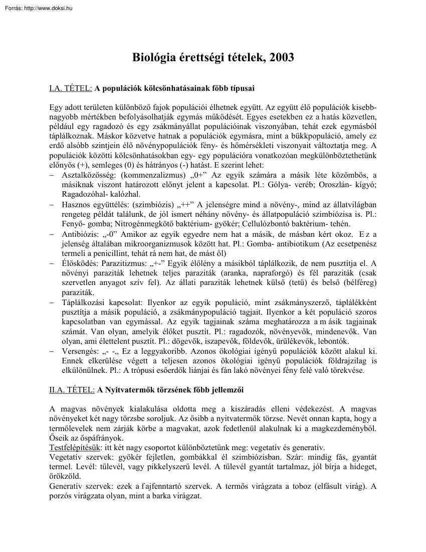 Biológia érettségi tételek vázlatosan, 2003